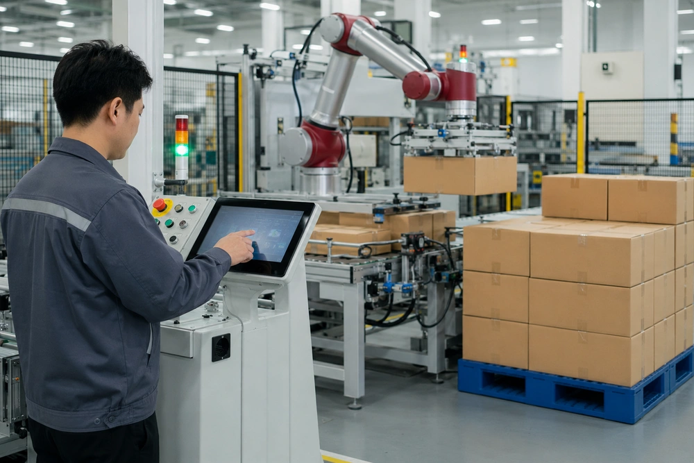 Proses robot memindahkan produk